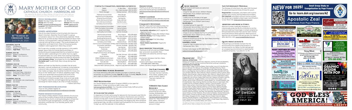 Mary Mother of God bulletin after, four pages, 19 July 2025