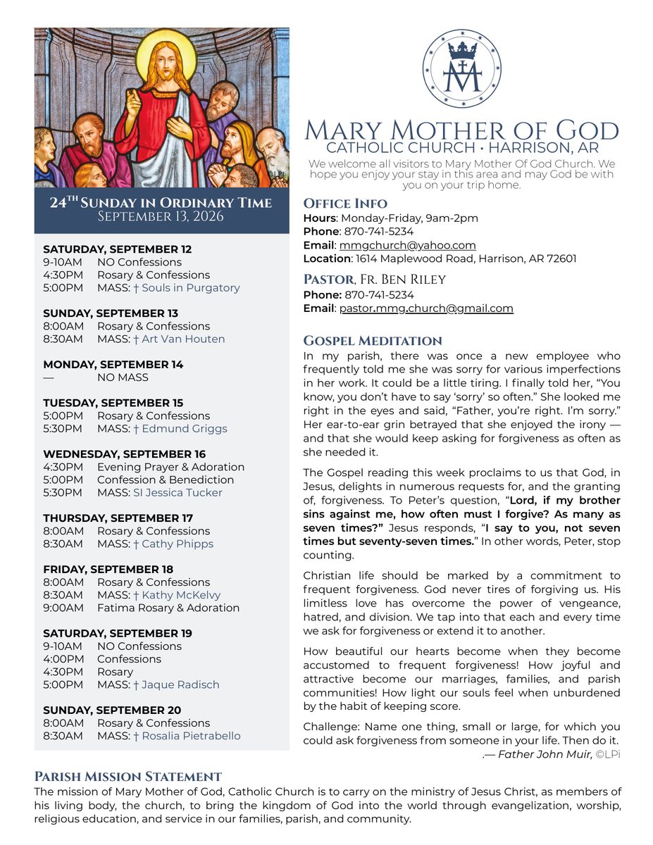 Mary Mother of God bulletin, 13 September 2026, page 1
