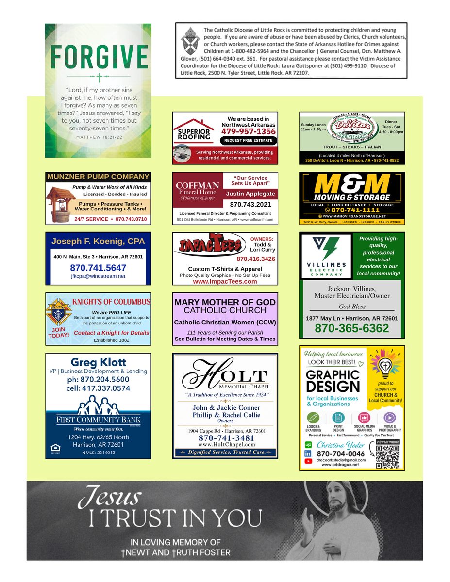 Mary Mother of God bulletin, 13 September 2026, page 4, the ads